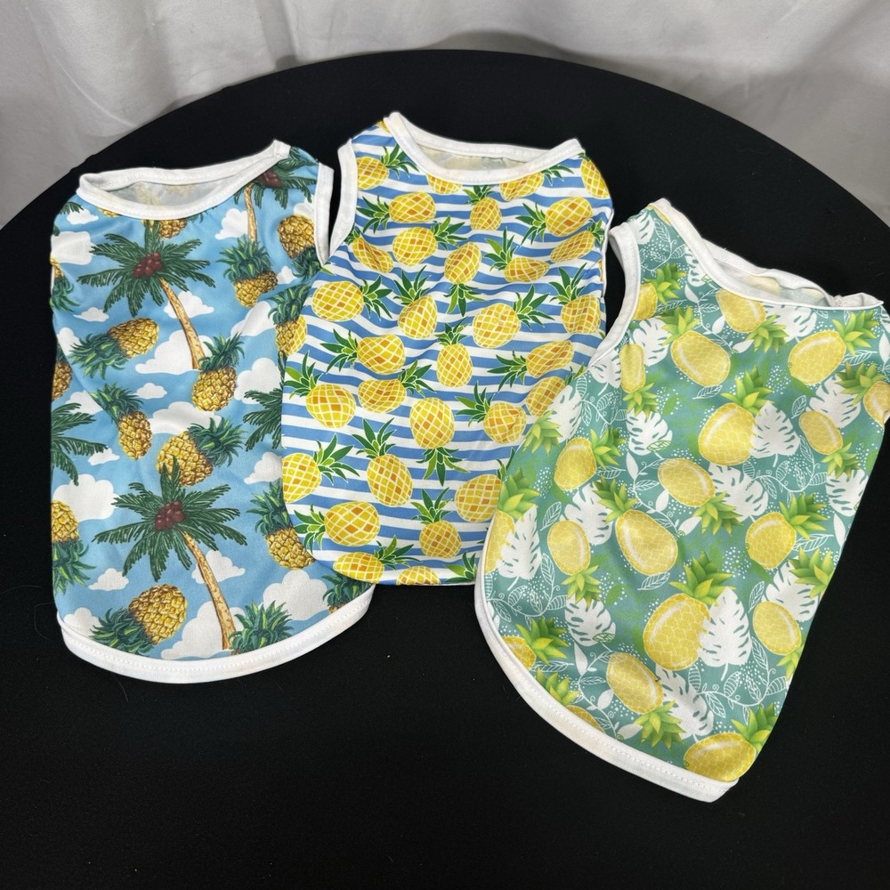 3 Pk Pineapple Tropical Dog Shirts Medium Summer Beach Pet Tank Tops Blue Green